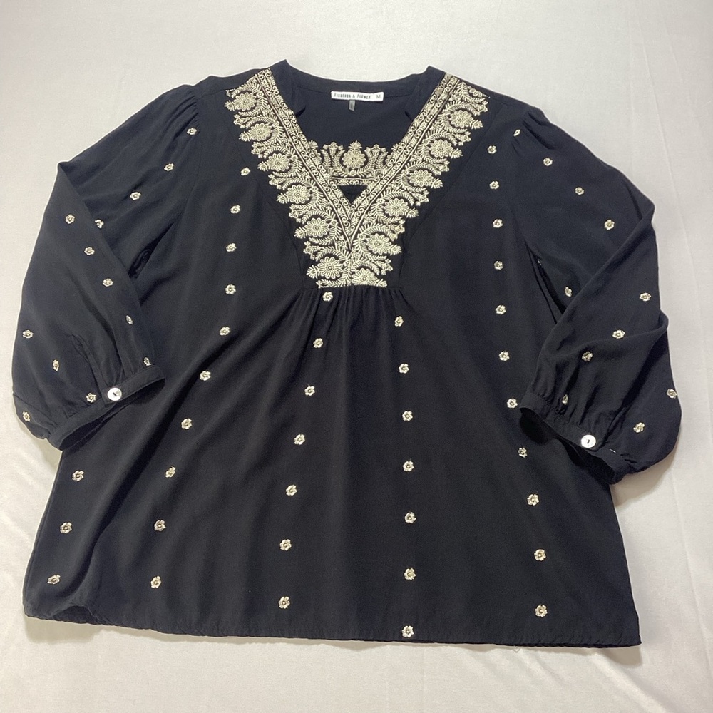 Woman’s Black Blouse with Gold Embroidery 3/4 Sleeves - Picture 5 of 13